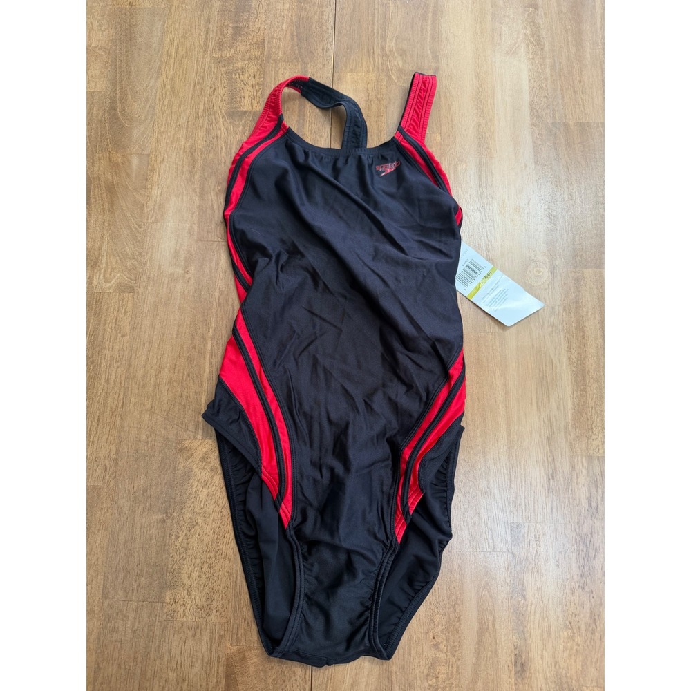 Speedo Womens One Piece Swimsuit Black Red Racerback Training Swim Size 14 NWT